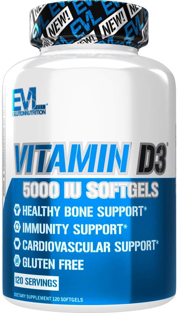 Evlution Nutrition Vitamin D3, 5000 IU ad alta potenza, Bone e Joint Support Salute del sistema immunitario, Non OGM e Gluten-Free, Dimensione del valore (120 Serve)