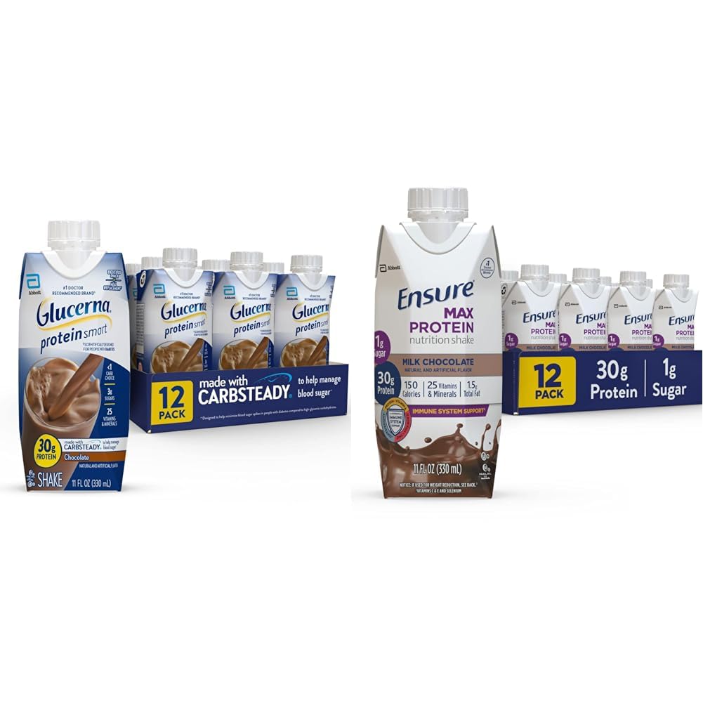 Glucerna Proteine Smart Nutritional Shake & Assicurare Max Protein Nutrition Shake con 30g di Proteine, 1g di Zucchero, Shake di Alta Proteina, Cioccolato di Latte, 11 Fl Oz (Pack of 12), Liquido, Halal