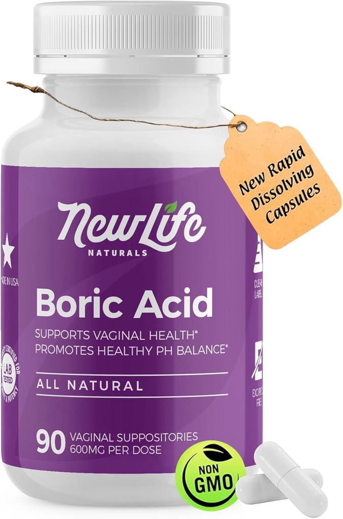 NewLife Naturals - Medical Grade Boric Acid Vaginal Suppositories - 600mg - 100% Pure Womens pH Balance Pills - lievito infezione, BV - 90 capsule: Made in USA