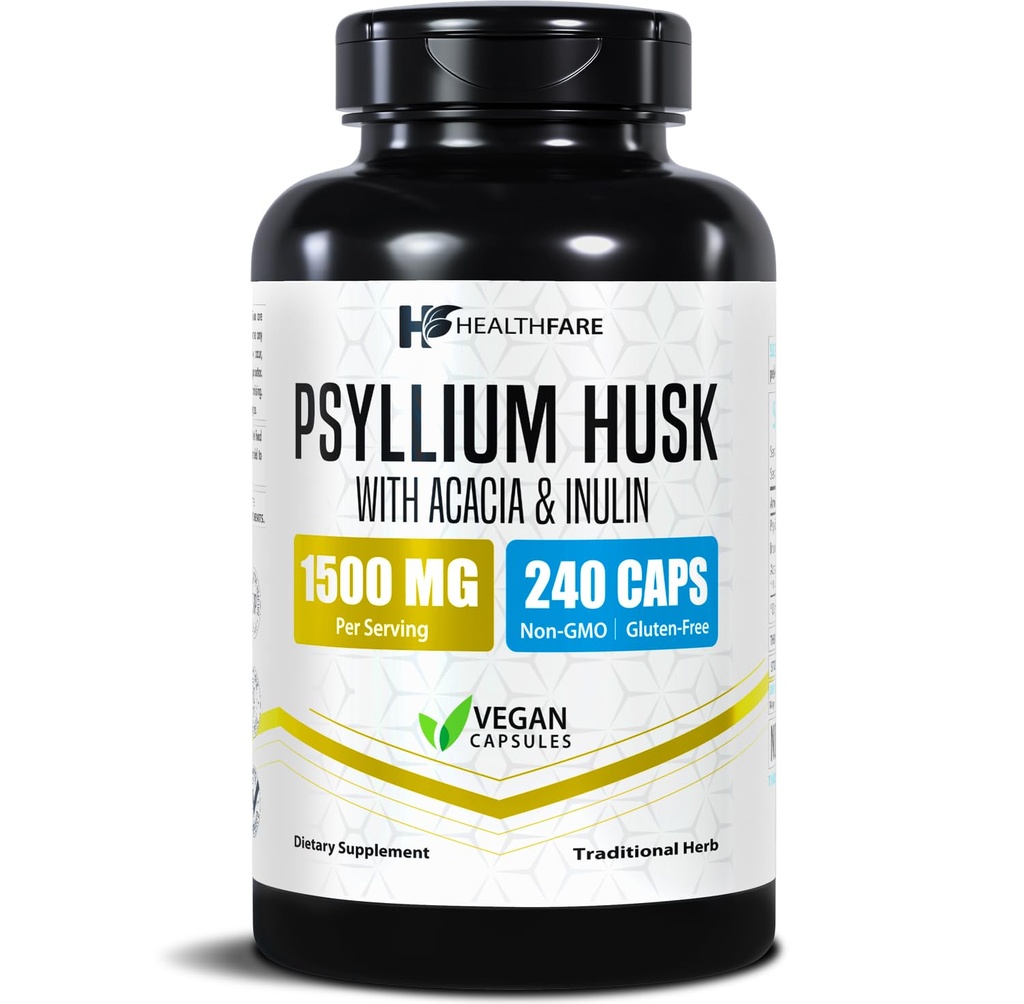 Salute Psyllium Husk Fiber 1500mg | 240 Vegan Capsule | Extra Strength Fiber Supplement | Supporta la salute digestiva | Non OGM, Gluten-Free | Made in USA