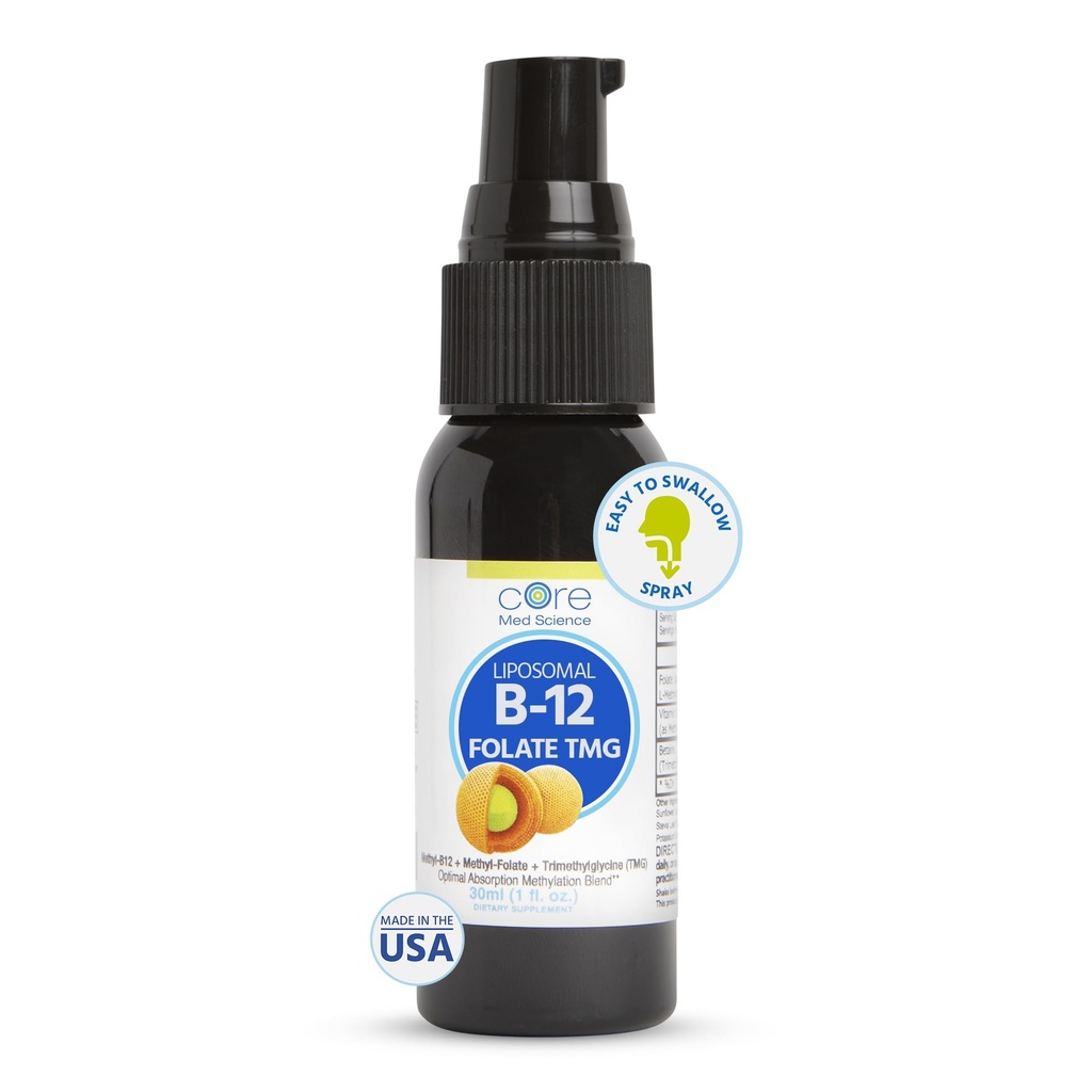 Core Med Scienza Liposomal B12 Folate TMG Liquid Spray Supplemento per le donne e gli uomini - Supporta Mood, Cognitive, & Heart Health - Vitamina B9 & Betaine per Homocysteine Livelli e ciclo di metilazione, 1 Fl Oz