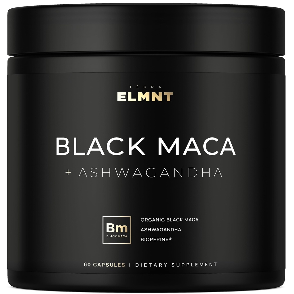 ELMNT 40,000mg 40x Forza Organic Black Maca Root w. Ashwagandha - #1 Elevata potenza Black Maca Root Capsule per gli uomini Supplemento 40:1 Estrarre - 100% Pure Maca Peruana Maca Powder Pills Gelatinized