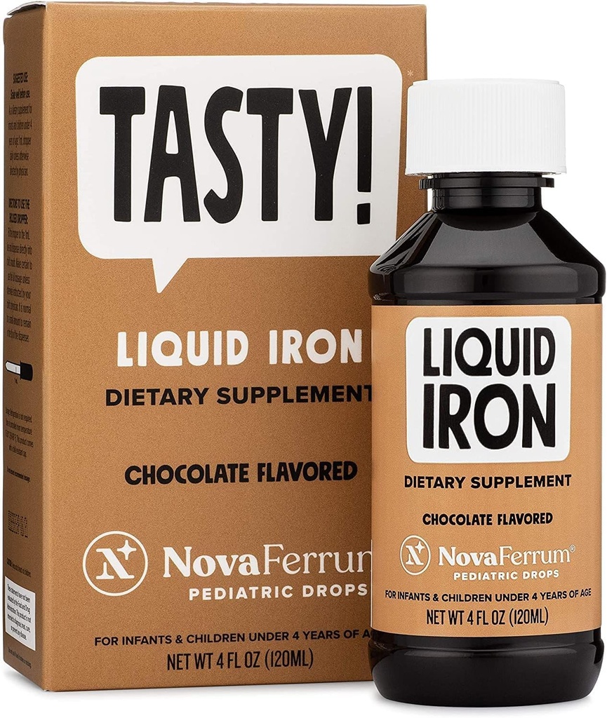 NovaFerrum Tasty | Pediatric Drops Supplemento di ferro liquido per neonati, bambini e bambini | 15mg di ferro per 1mL Dose | Età 4 e sotto | Gluten Free | Sugar Free | Chocolate Flavored | 120 Servings