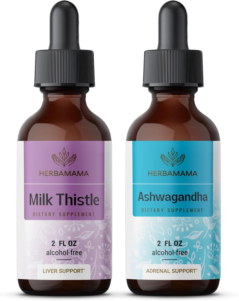 HERBAMAMAMA Kit di gocce liquide a base di erbe - Bundle di estratto di cardo di latte & Ashwagandha Tincture 2 fl oz - Vegan, Non OGM, Sugar & Alcohol-Free - 2 Confezione