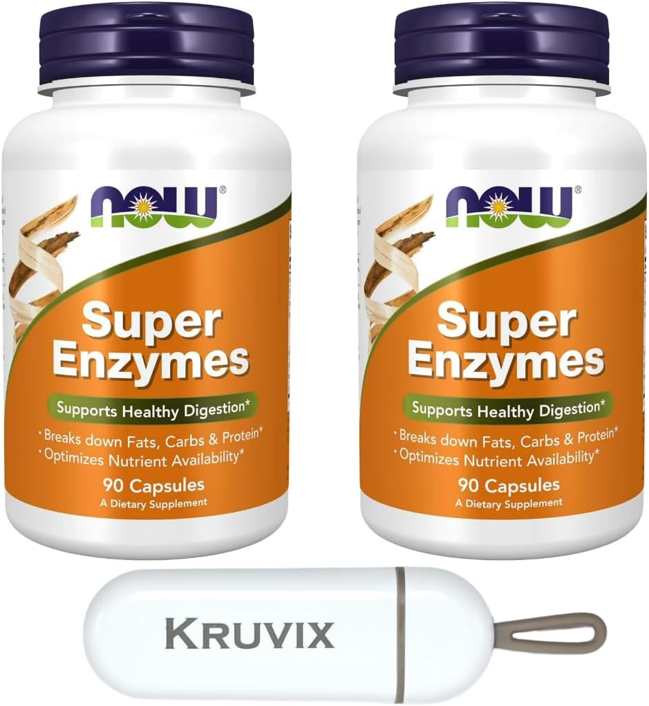 NOW Foods Supplements, Super Enzymes | Formulato con Bromelain, Ox Bile, Pancreatin e Papain, Super Enzymes | 90 Capsule - Confezione da 2 con Pill Organizer