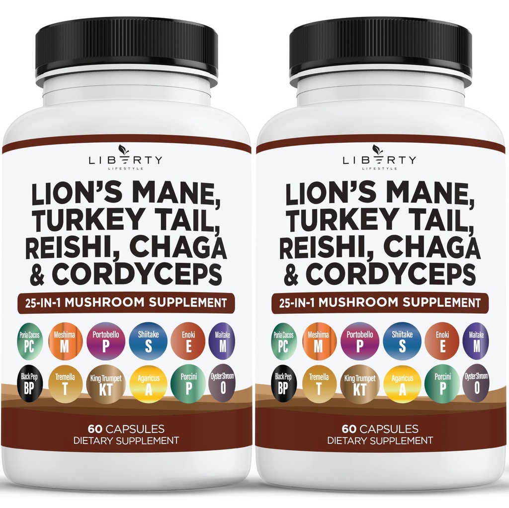 Leoni Mane Mushroom Supplemento con Turchia Tail Reishi Cordyceps Chaga con Marshmallow Root - 2-Pack
