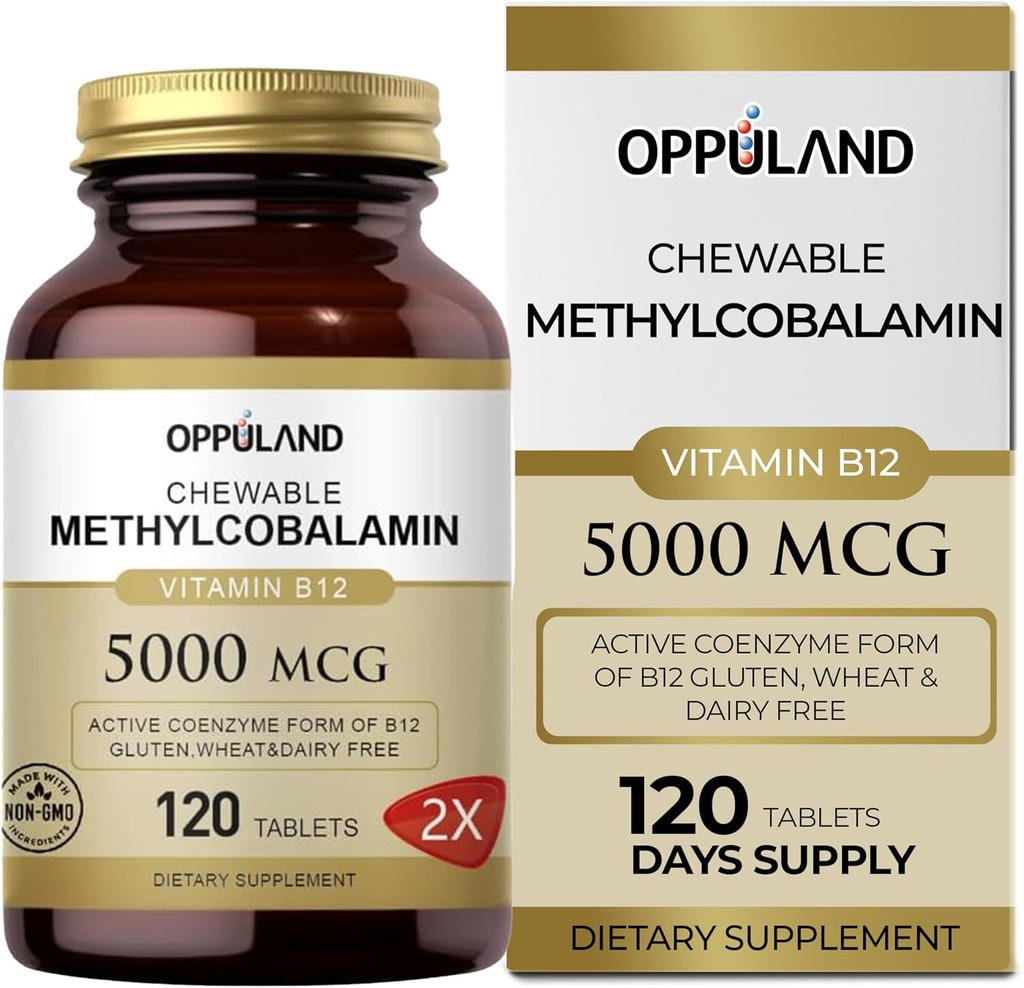 Methyl B-12 5000mcg Chewable with Folate - Vitamina B12 Methylcobalamin Sublingual Tablets - Supporta l'energia e il cervello Funzione - Vegan Supplement - Arancione Flavor - 120 Conte