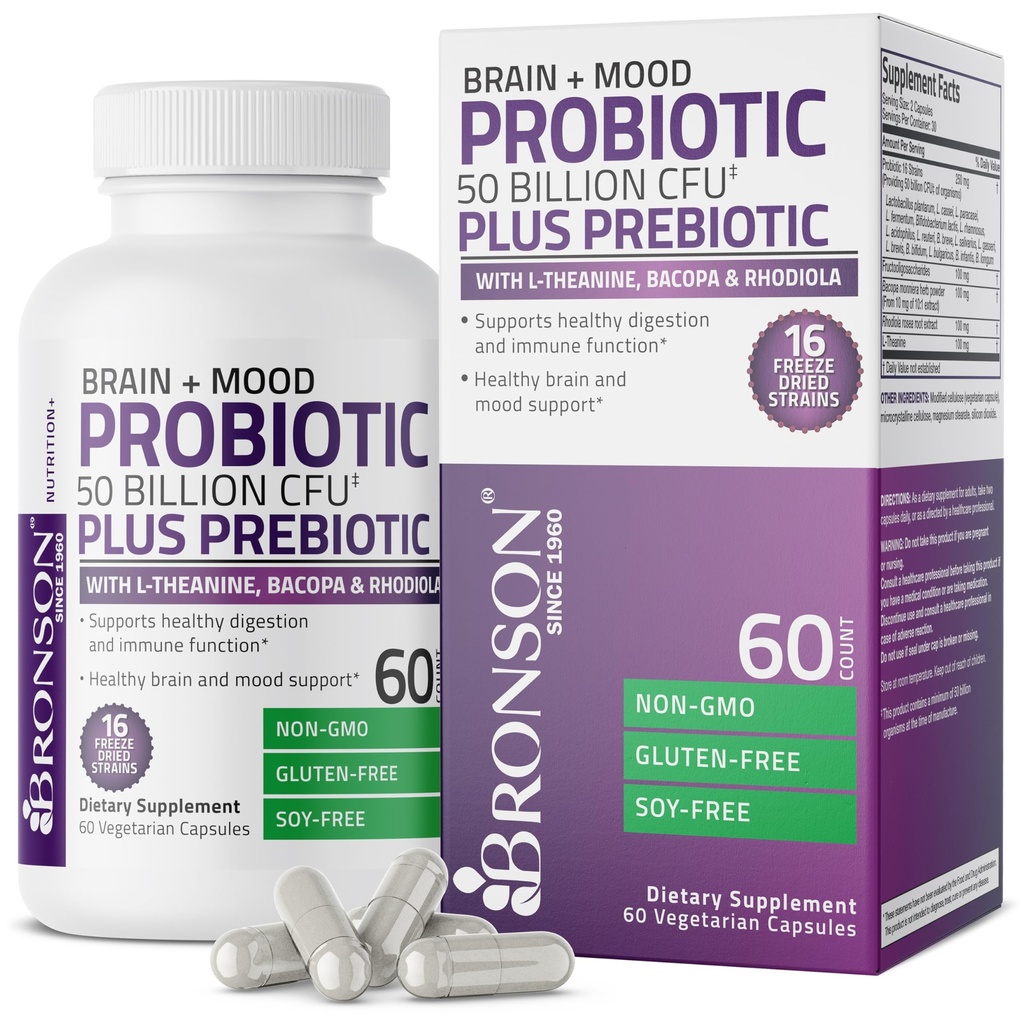 Bronson Brain + Mood Probiotic 50 Billion CFU Plus Prebiotico con L-teanina, Bacopa e Rhodiola Non-GMO, 60 capsule vegetariane