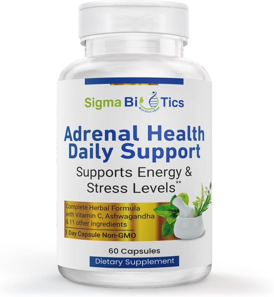 Sigma Biotics Adrenal Health Daily Support - Supplemento supporto surrenale con Erbe adaptogene, Vitamine e Aminoacidi - Complesso surrenale non OGM per energia e vitalità - 60 capsule