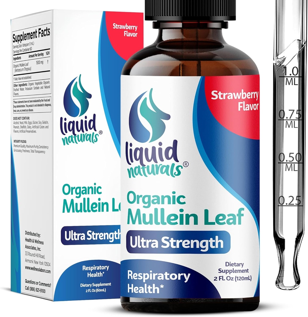 Gocce di Mullein per polmoni, 2 Fl. Oz, Estratto di foglie di Mullein per polmoni aroma di fragola, disintossicazione polmonare Mullien e pulizia, supporto di tintura di Mullen per il respiro sano