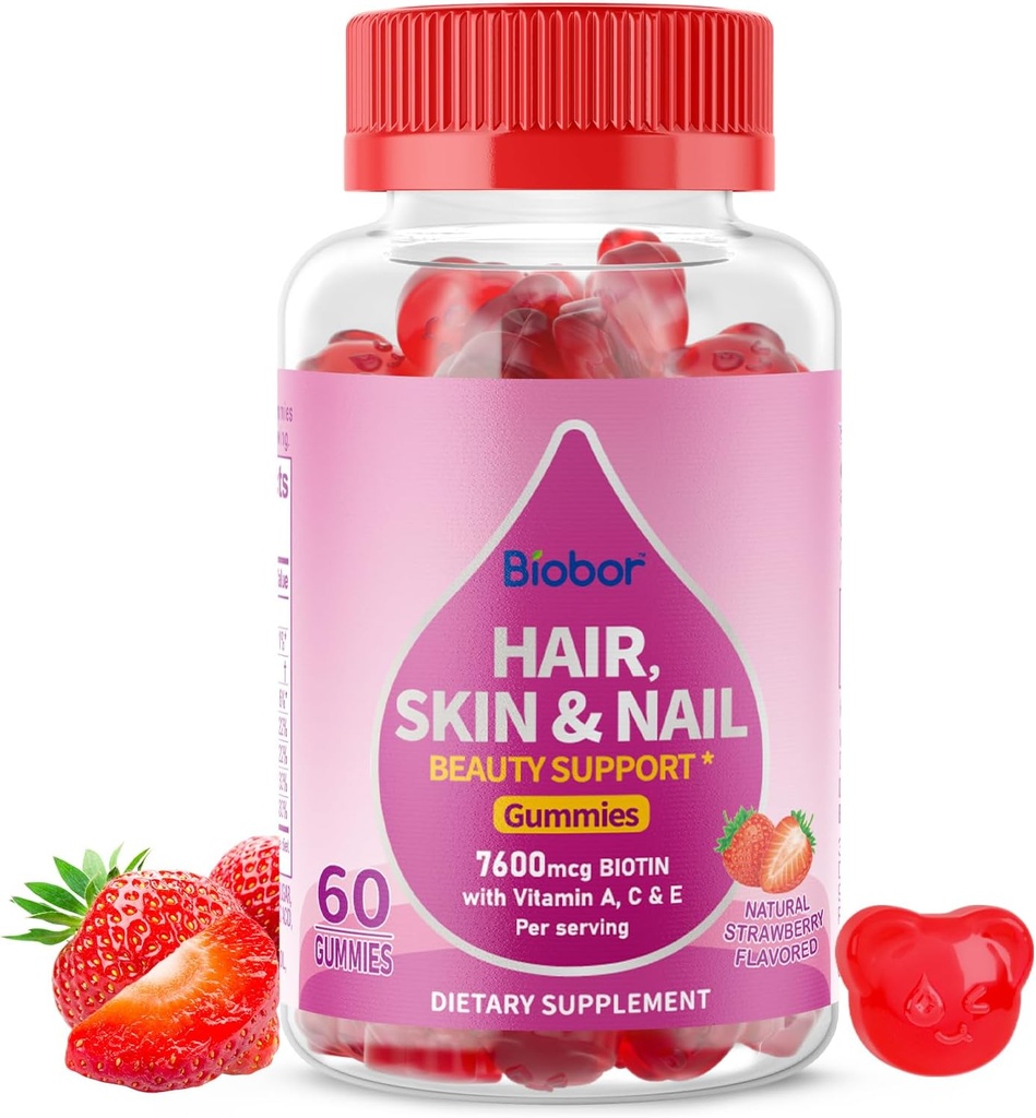Pelle naturale per capelli e unghie Vitamine Gummies, 7600mcg Biotina Gummies per le donne Men Beauty Support, Non-GMO (Strawberry Flavor, 60 Count)