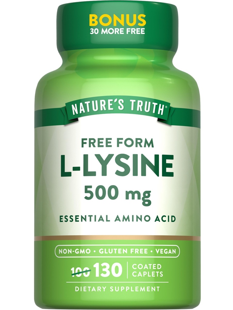 La verità della natura L-Lysine 500mg | 130 Caplets ricoperti | Forma libera | Aminoacido essenziale | Vegan, Non OGM, & Gluten Supplemento gratuito