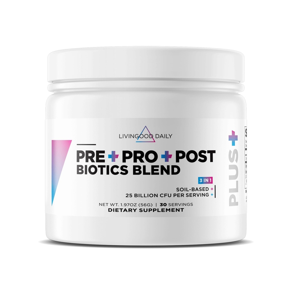 Livingood Daily Pre Pro Post Biotics Blend Powder, Digestive Health Supplement with Prebiotics from Organic Blue Agave Inulin, SBO Probiotics, Probiotics for Women & Men, Non GMO, Vegan, 30 Serve
