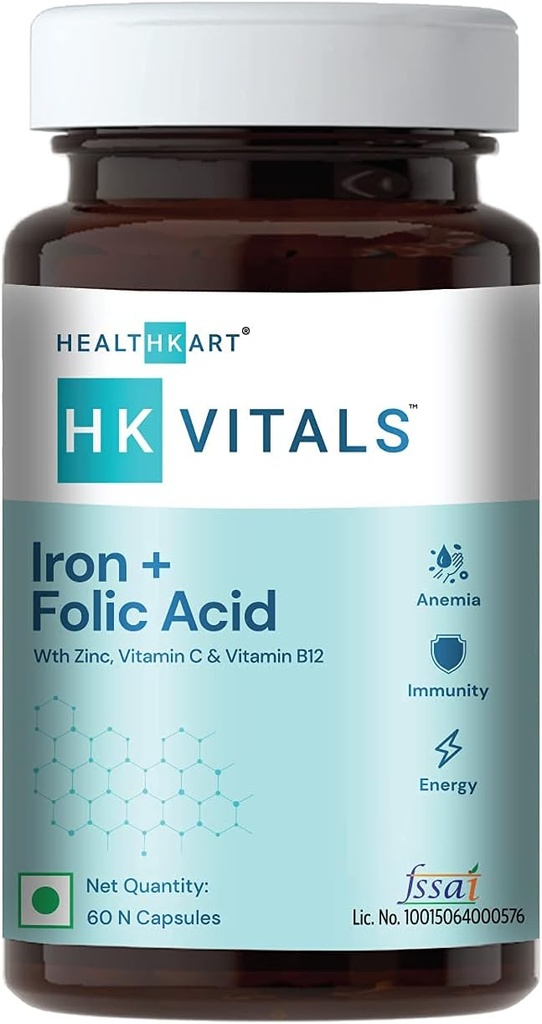 Ferro + Supplemento acido folico, con zinco, vitamina C & vitamina B12, supporta la costruzione del sangue, l'immunità e l'energia, 60 compresse acido folico di ferro