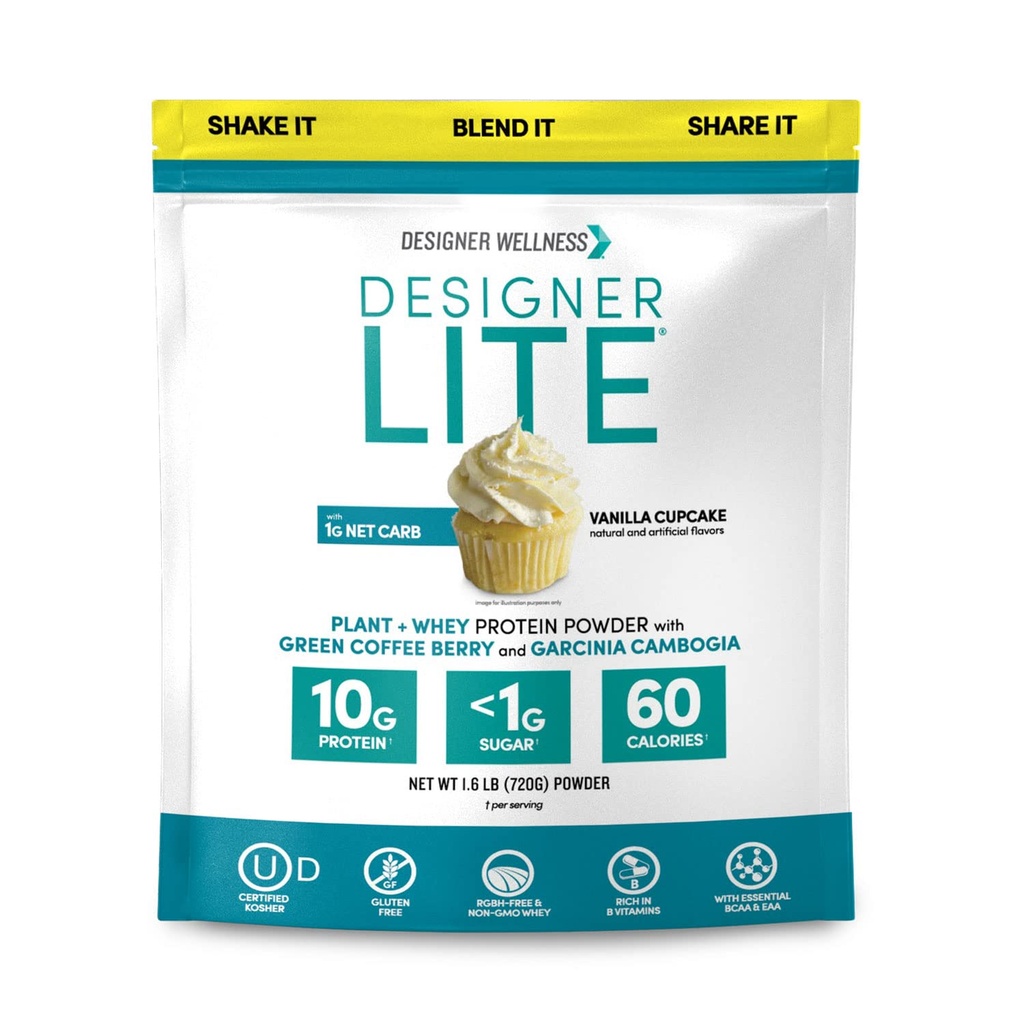 Designer Wellness, Designer Lite, Low Calorie Natural Protein, Prebiotic Fiber, Key Vitamins & Minerals, Vanilla Cupcake, 25.6 once