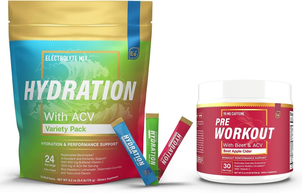 Varietà - 24 confezioni Stick Packs & PreWorkout in polvere con ACV | Calore, Esercizio, Viaggi, Idratazione quotidiana + Superfood Energy & All-Natural Nitric Oxide Booster Plus Caffeina
