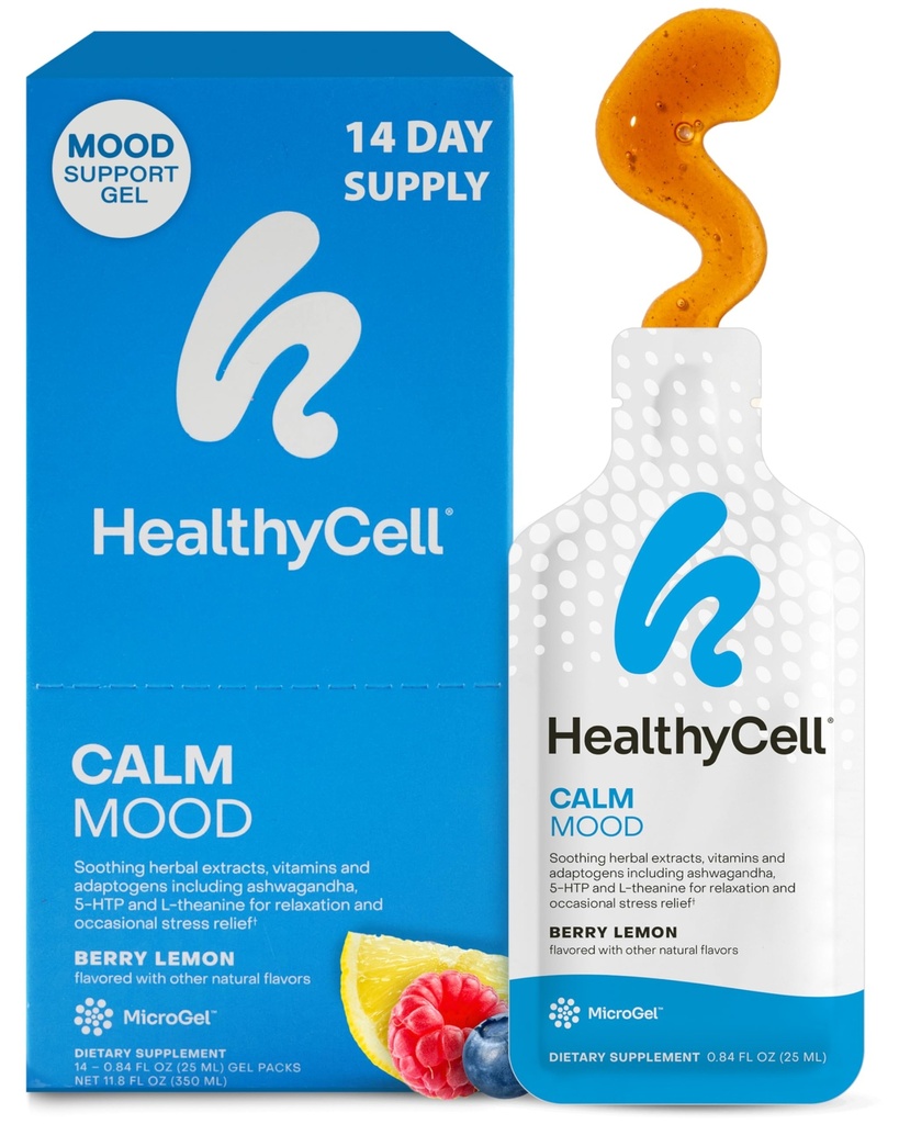 Healthycell Calm Mood Daily Liquid Supplement - Cortisol Manager & Mood Support Supplemento per lo stress con Ashwagandha, L-teanina, Magnesio, 5-HTP, GABA & Saffron - 14 Gel Packs