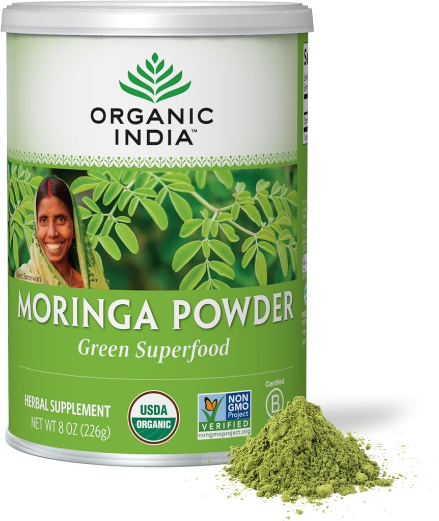 ORGANIC INDIA Moringa Polvere - Moringa Oleifera Leaf Herbal Supplement, Green Superfood, Nutrient Dense, Pure Plant Protein, Vitamina A, E, K, Iron, Calcium, Fiber, Vegan, USDA Certified Organic - 8 oz