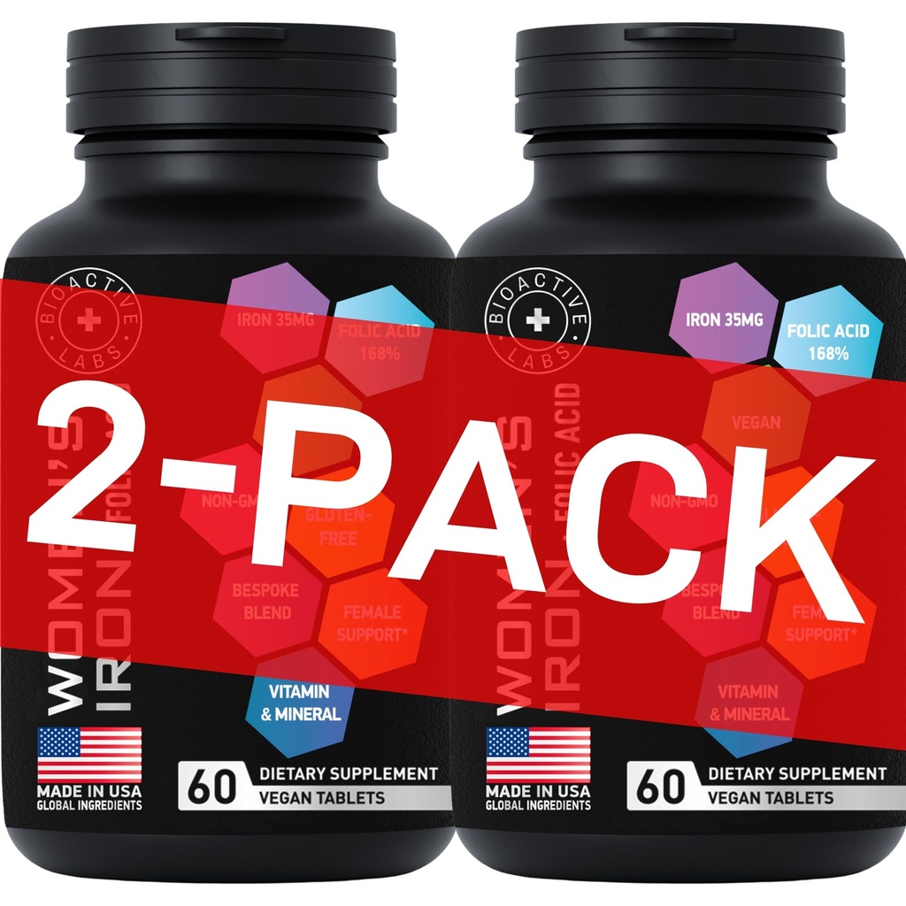 Integratori di ferro vegani per le donne con acido folico - 168% acido folico follia, 194% Ferrous Sulfate Blood Builder con anemia e donne incinte - 2-Pack, 120 compresse di ferro senza glutine
