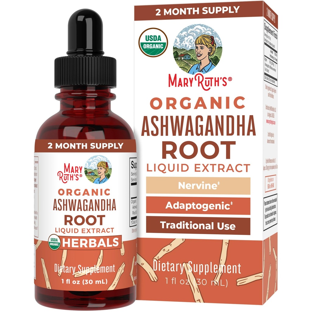 MaryRuth Organics Ashwagandha Root | USDA Organic Ashwagandha Liquid Drops | Stress Relief, Natural Calm, Relax and Mood Support Supplement | Adaptogenic | Nervine | Vegan | Non-GMO | 60 Servings