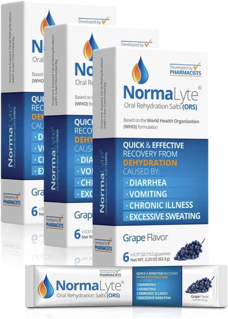 NormaLyte Oral Rehydration Salts-18 Sticks Packs (Yields 500mL per Pack)-Grapes| Integratori energetici, Supplemento di potassio, Recupero di disidratazione e assorbimento rapido