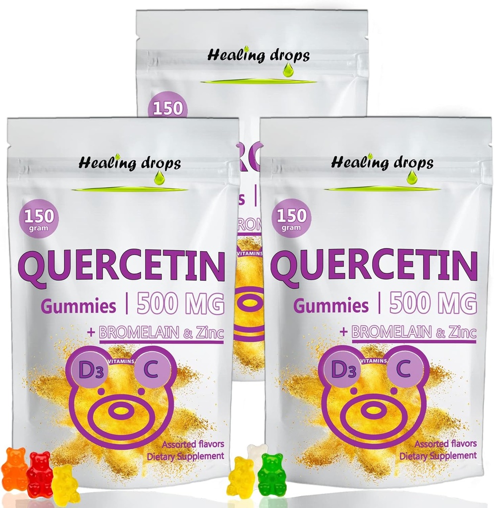 Quercetina con Bromelain Gummies - Vitamina C + Zinco + Vitamina D3 - Quercetin 500mg Gummies per Bambini e Adulti (3 Pacchetti)