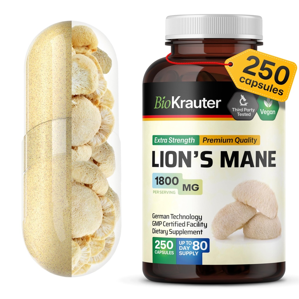 BIO KRAUTER Lions Mane Supplemento Capsule 1800 mg - 250 Count - Vegan Lions Mane Powder Supplement per Brain Support - 3 mesi di fornitura - Nessun filler