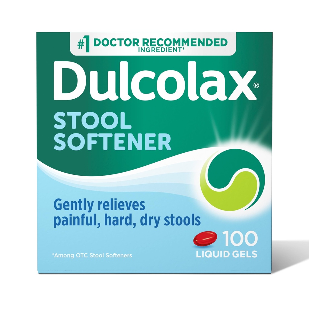 Dulcolax Sgabello Softener Gel Liquido Lassativo Capsule, Rilievo di Costipazione Gentle per Sgabelli Secchi, Docusate Sodio 100 mg, 100 Conte
