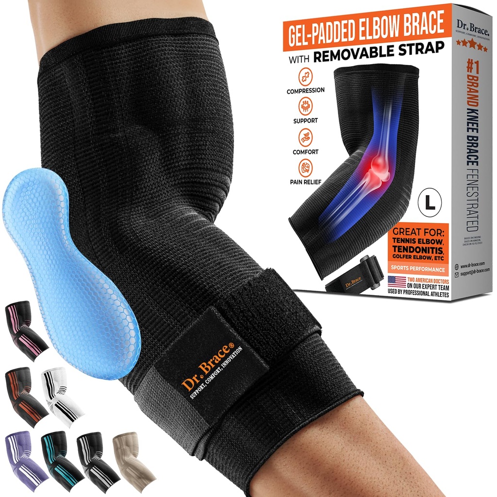 DR. BRACE® Elite Elbow Brace Supporto, Manicotto di compressione traspirante con Gel Pad per Golfer's, Tennis Elbow & Tendonitis Trattamento & Pain Relief 2024 (nero, grande)