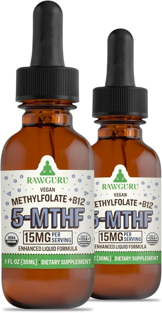 RawGuru L-metilfolato 15 mg + Vitamina B12 - Biologico Vegan Methylated B12 con Trace Minerals - Nano-Processed & Enhanced Liquid Formula - 300 Servings Vegan Gocce per 30 ml, Confezione da 2