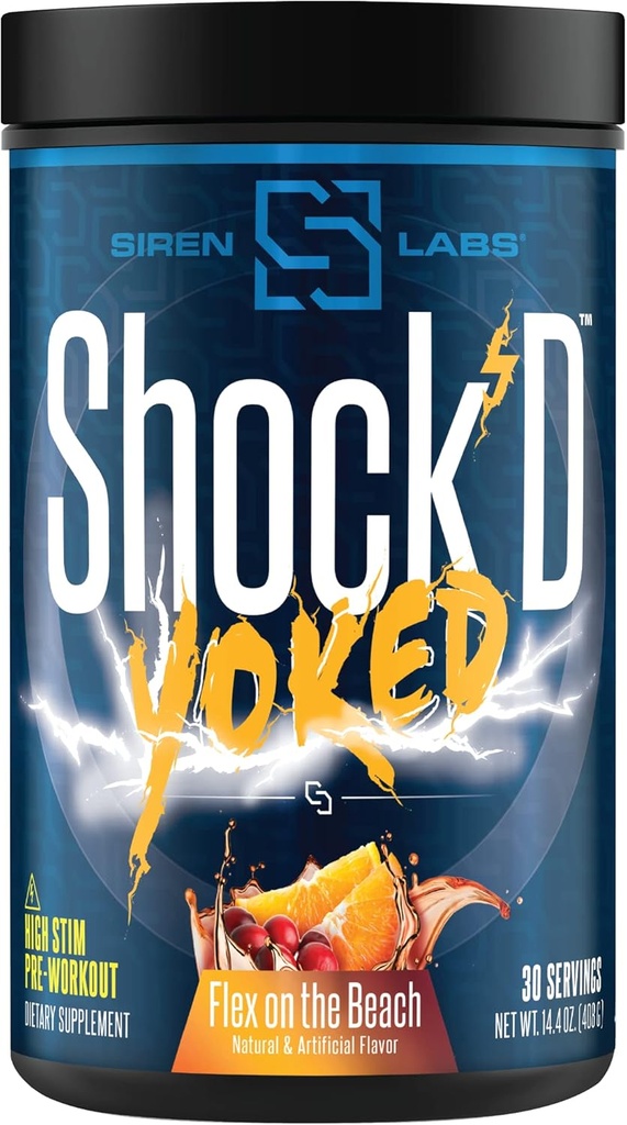 Shock’D Yoked High Stim Pre-Workout – Caffeina, Taurina, Citrulline Malate, Agmatine, Betaine Anhydrous–High Energy & Powerful Muscle Pumps-Nitric Oxide–Flex on The Beach (30 Servings)