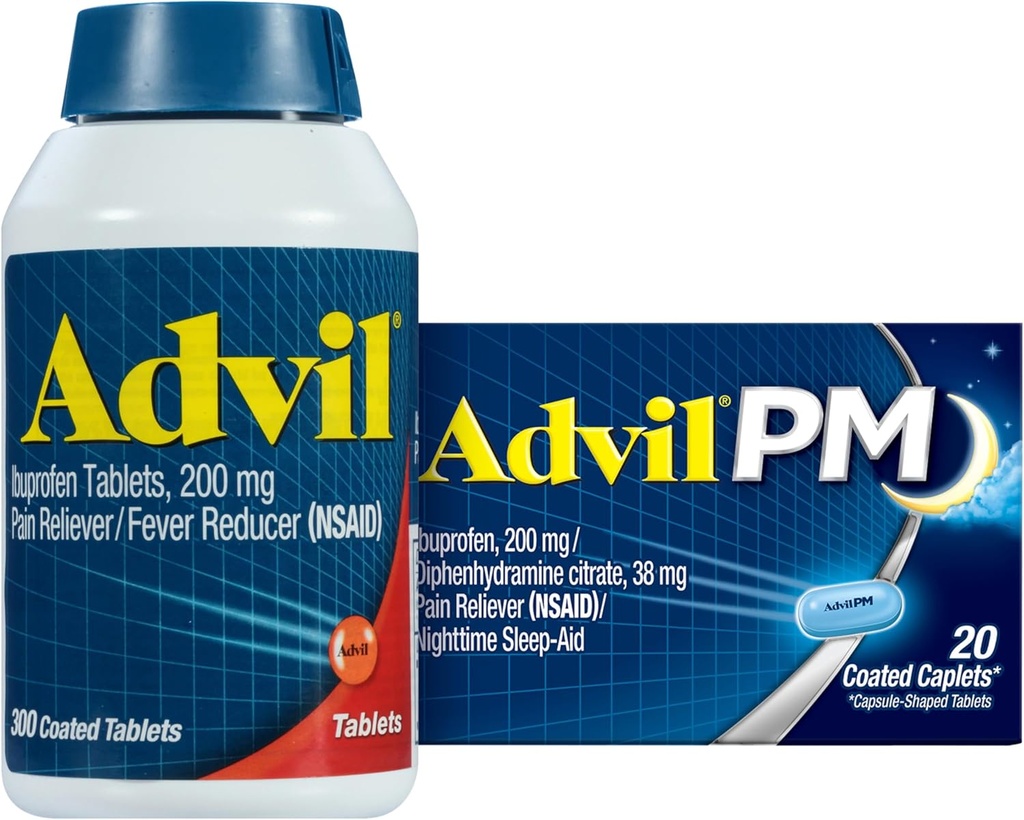 Advil Pain Reliever e Fever Riduttore, Ibuprofene 200 mg per il sollievo del dolore - 300 Conte, Advil PM Pain Reliever e Nighttime Sleep Aid, Ibuprofene per il sollievo del dolore e Citrato di difenidramina - 20 Conte