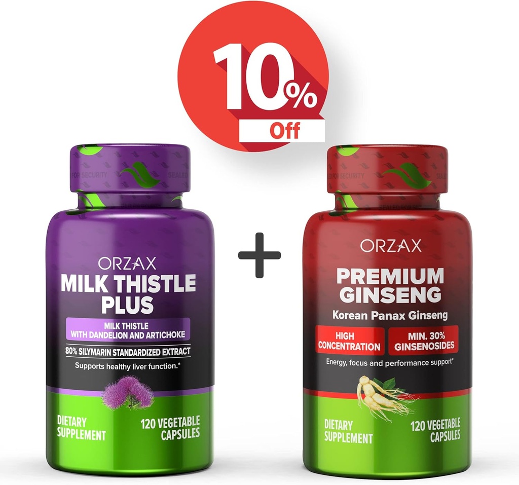 ORZAX Milk Thistle Plus 120 Capsule Vegabili e Premium Ginseng 120 Capsule Vegabili, Bundle