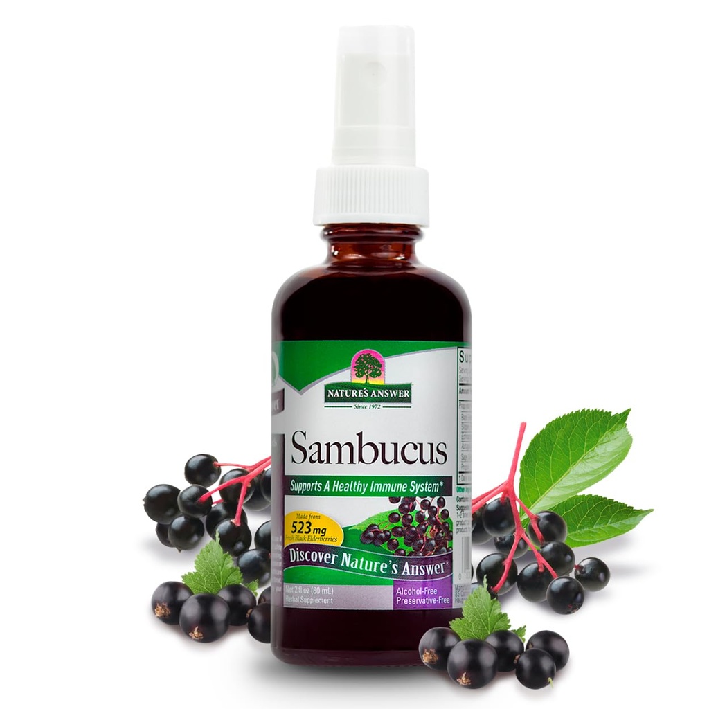 La risposta della natura Sambucus Spray | Supporta un sistema immunitario sano | Infuso con Slippery Elm, Sage & Echinaea | Alcohol-Free, Gluten-Free, Kosher Certified & No Preservatives 2oz