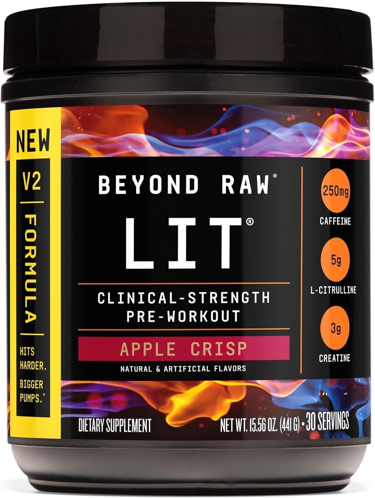BEYOND RAW LIT V2 Resistenza clinica Pre polvere di allenamento, Hits Harder, Pompe più grandi, Caffeina, L-Citrulline, Creatina, Apple Crisp, 30 Serve