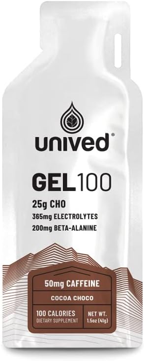 Gel Unived 100 - Vegan Energy Gel per Endurance Athletes Runners & Cyclists - 100kcal - Cocoa Choco - 50mg Caffeina - Confezione da 6