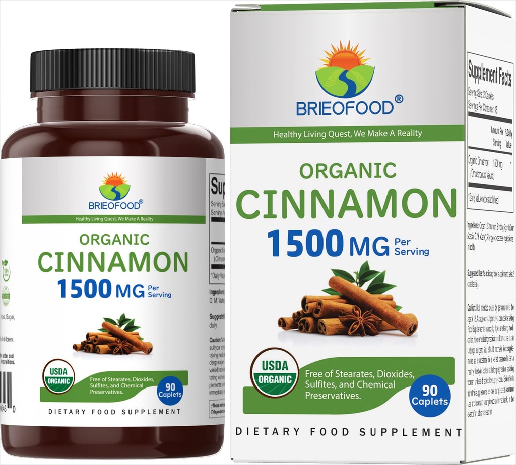 Brieofood Organic Cinnamon 1500mg, 45 Serve, Vegetariano, Senza Glutine, 90 compresse vegetariane