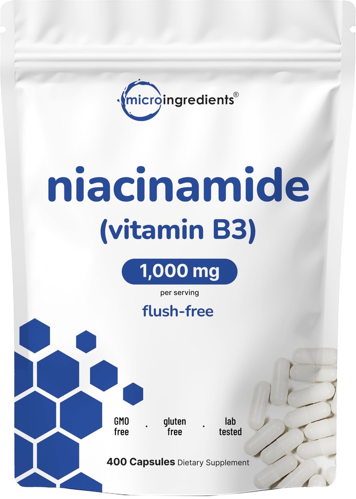 Vitamina B3 Niacinamide 500mg Per Capsule, 400 Capsule | 1000mg Flush Gratuito Niacin Per Serve, Essential B Vitamin Supplement | Skin Care Health & Energy Support | Non OGM, Gluten Free
