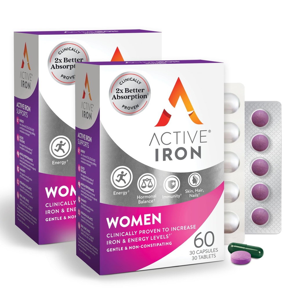 Supplemento di ferro attivo 25mg + Multivitaminico per le donne – clinicamente dimostrato per aumentare l'energia e ridurre la stanchezza – ferro gentile, non costipante + donna Multivitamina – 60 capsule + 60 compresse