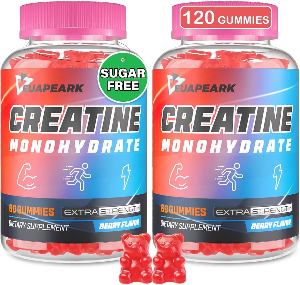 Creatina Monoidrato Gummies, Pre-Workout Chewables Supplemento per le donne e gli uomini, Creatina Monoidrato con Taurina & B6 - per il muscolo, la forza, la resistenza e l'energia, Vegan (Berry, 120 Gummies)