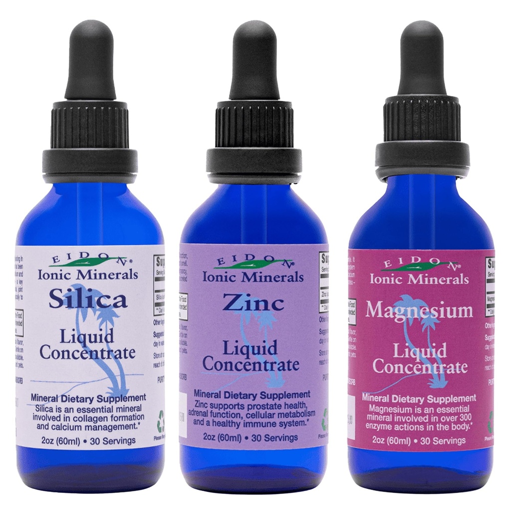 Eidon Ionic Minerals Liquid Silica, Zinco, & Magnesio Drops Variety Pack - Silice, Zinco, & Magnesio Supplementi, All-Natural Trace Minerals, No Preservatives or Additives - 2 oz, Confezione da 3