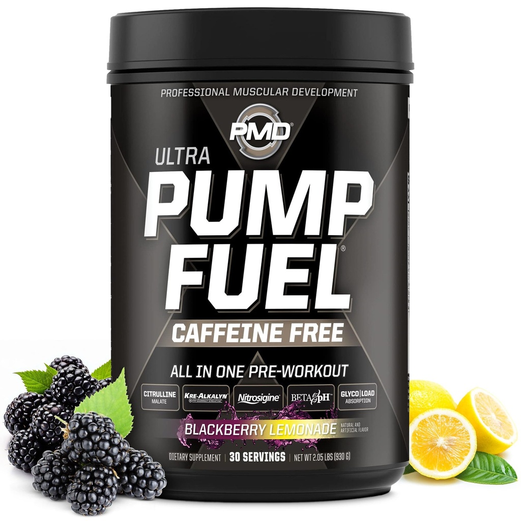Pompa sportiva PMD Fuel Ultra Caffeine Free - Premium Pre Workout Powder & Muscle Pump, Maggiore messa a fuoco, Endurance & Recovery, Creatina Premium, Arginine & Beta Alanine - BlackBerry Lemonade (30 Serve)