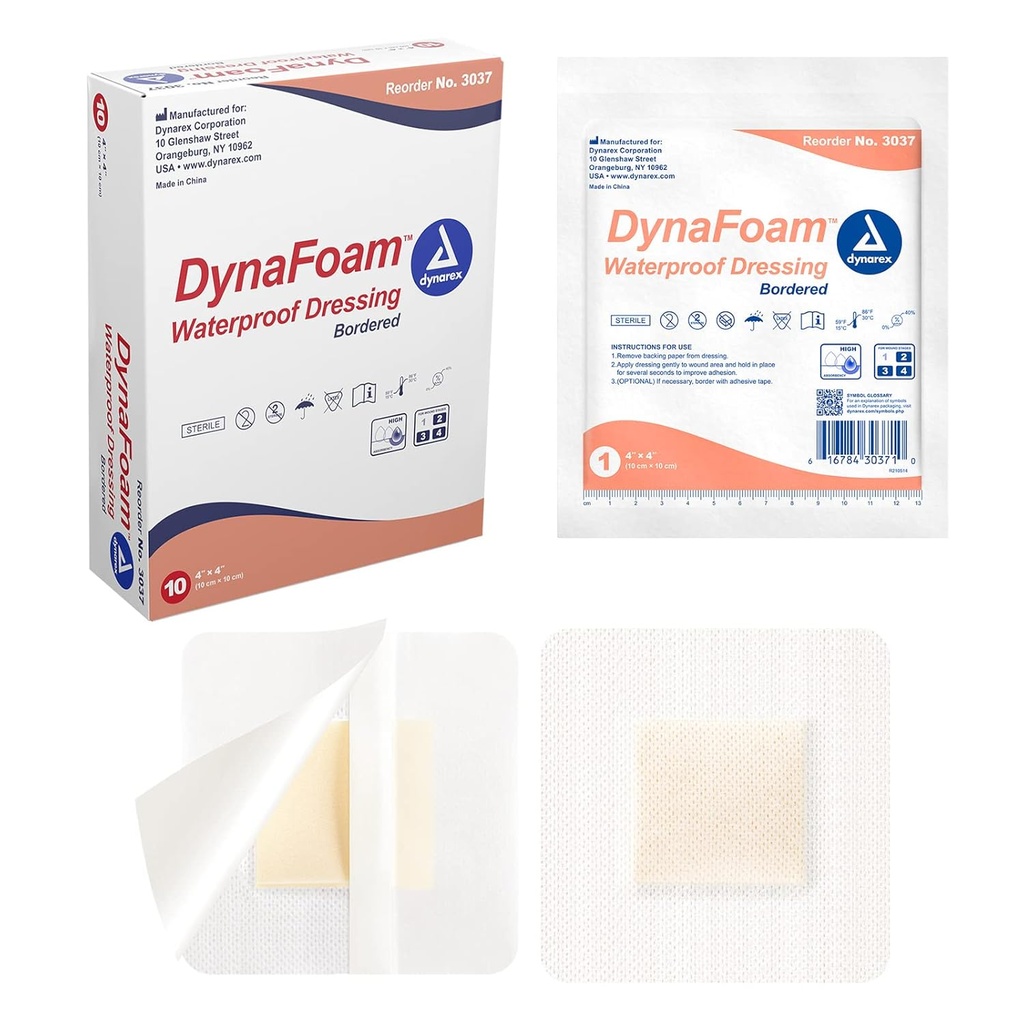 Dynarex Dynafoam Impermeabile Inumidito Inumidito Inumidito Inumidito in schiuma Adhesive Bandage, 4" x 4", 10 Conte