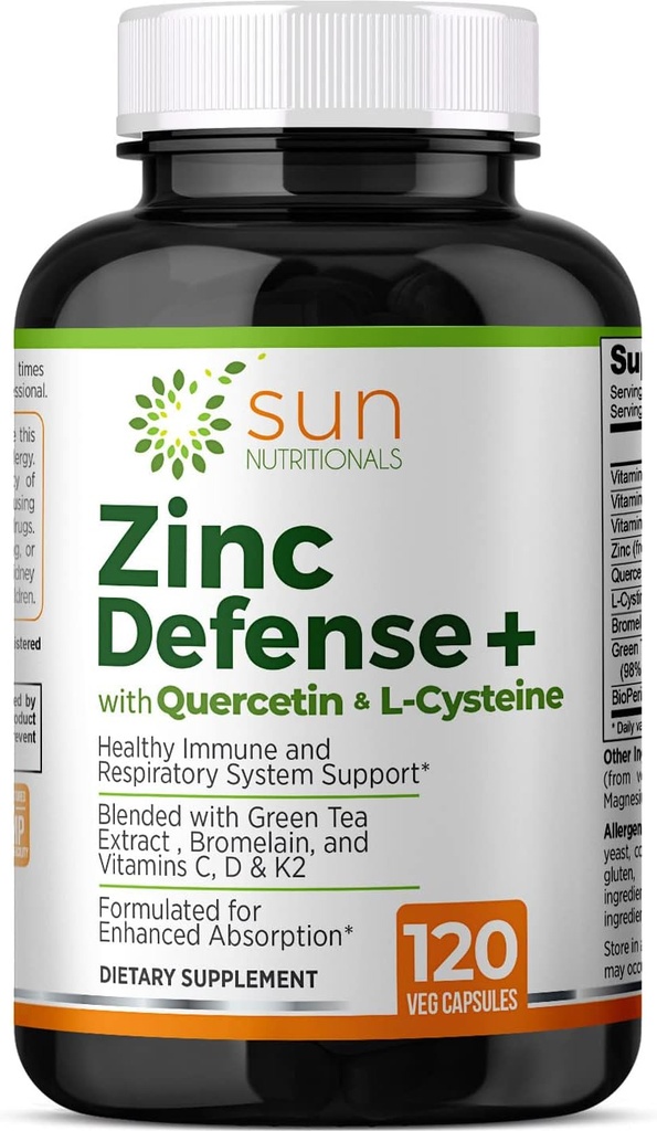 Zinc Defense+ con Quercetin, Bromelain, L-Cysteine, EGCG (Green Tea Extract), Vitamine C, D3 & K2, Alimentazione 2 mesi, 120 VCaps, Non OGM, Gluten Free