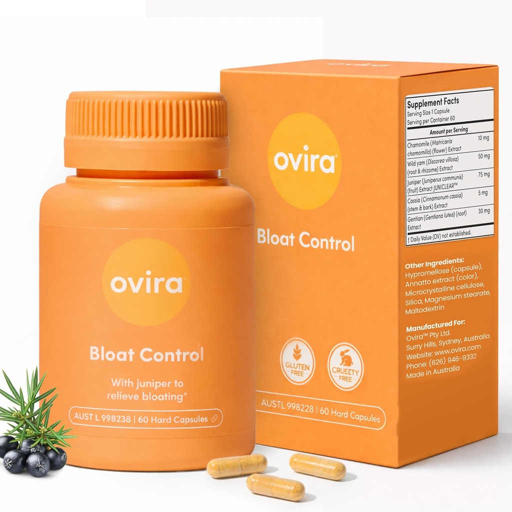 Ovira Bloat Control Supplemento con JUNICLEAR - 60 Capsule per il Rilievo Gas e Bloating | Debloating efficace per le donne e gli uomini | Aiuta la ritenzione idrica & promuove la salute digestiva - Confezione da 1