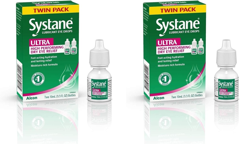 Le gocce degli occhi ultra lubrificanti di Systane, le lacrime artificiali per l'occhio secco, il doppio pacchetto, 10-mL ogni (il sacco di 2)