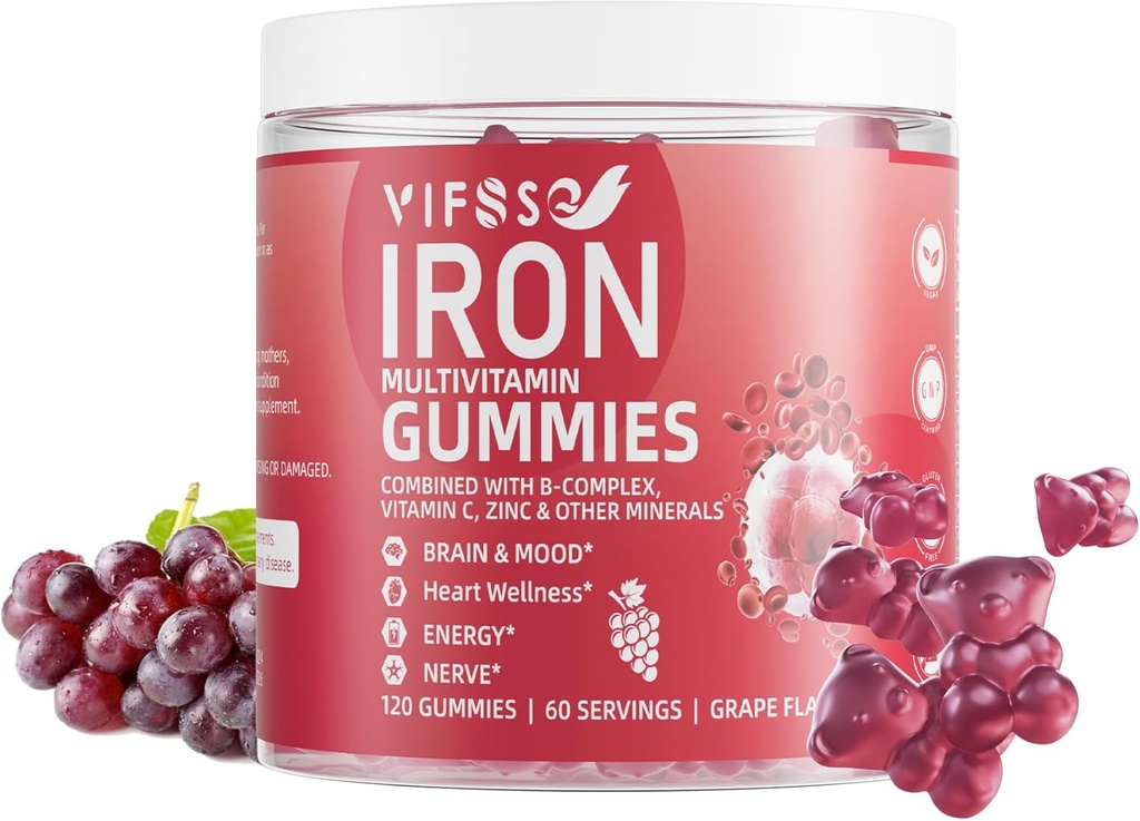 Iron Gummies Sugar Free, 120 Gummies Ferro da stiro Supplemento per le donne Multivitaminico con ferro, vitamine & zinco per le donne, uomini e bambini- Uva aroma, Vegan Supplement, Folate for Energy- No After Taste