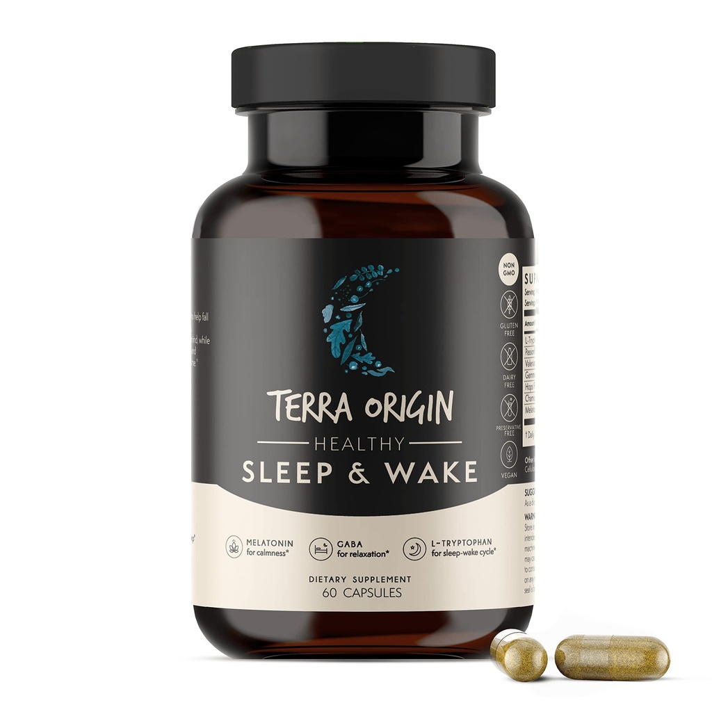 TERRA ORIGIN Dormire sano e sveglia | Integratore naturale per gli adulti | Riposato e Risvegliato | GABA, L-Tryptophan, Melatonin, Camomilla, Valerian, PassionFlower | 60 capsule