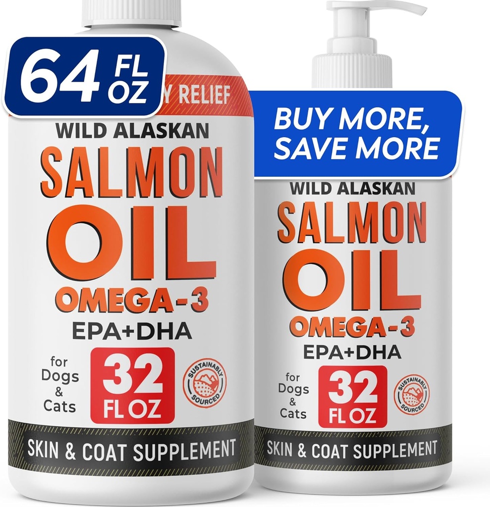 StrellaLab 64 OZ Salmon olio per cani - Omega 3 per cani e gatti, Itch & Allergy Relief, Wild Alaskan Salmon Oil Dogs Skin & Coat, Dog Fish Oil Liquid, Shedding Supplement EPA & DHA Fatty Acids - 2Packs