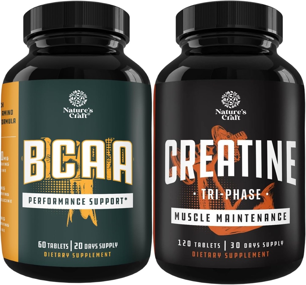 Bundle di aminoacidi a catena ramificata Supplemento e Pillole di creatina a trifase ad alta resistenza - Capsule BCAA Vegan post allenamento recupero del muscolo e sostegno di crescita - guadagno di massa muscolare e recupero del muscolo